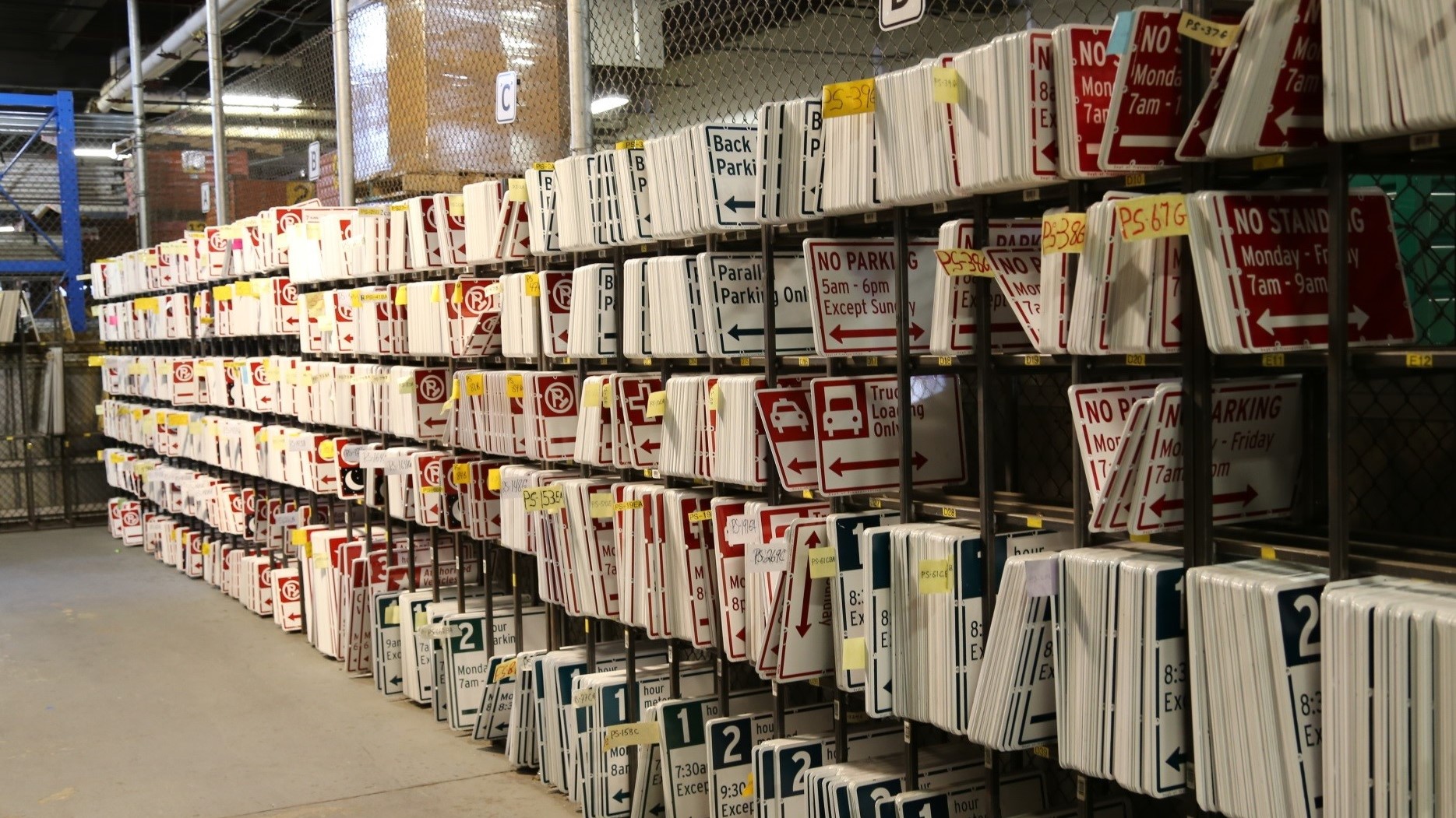 A storage rack at DOT's Maspeth sign fabrication facility.