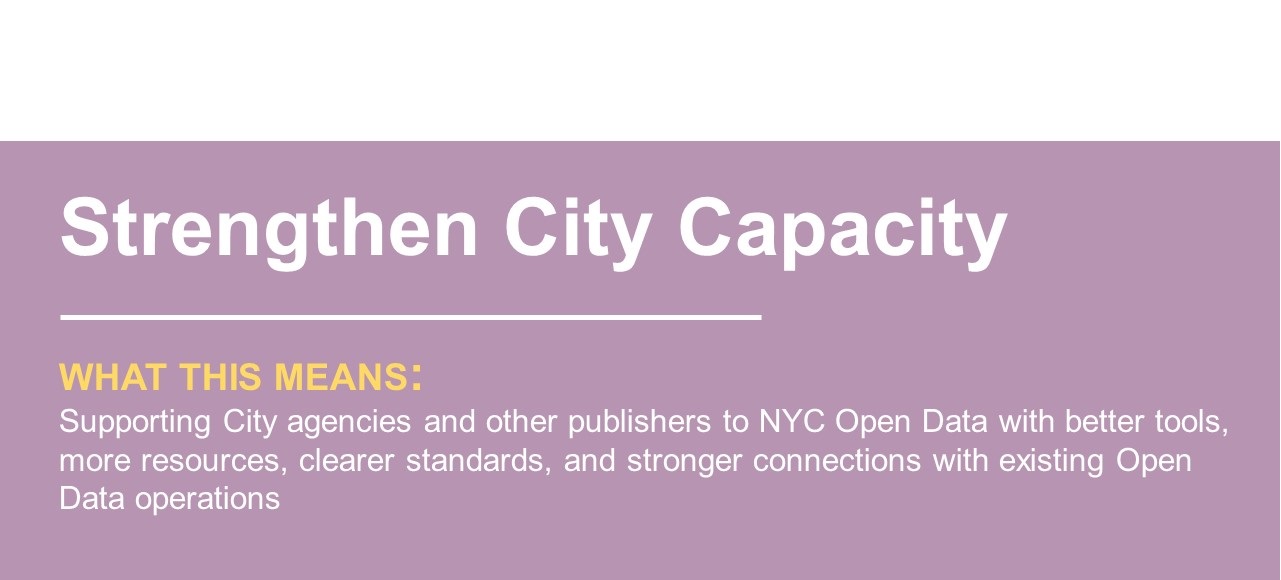 Strengthen City Capacity: Supporting City agencies and other publishers to NYC Open Data with better tools, more resources, clearer standards, and stronger connections with existing Open Data operations