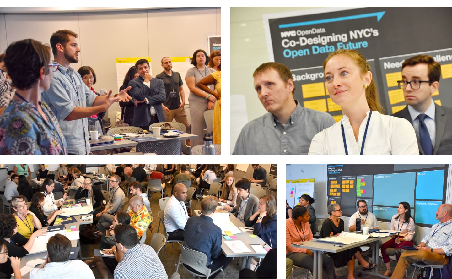 Four photos of people working together at the 2019 open data co-design workshop.